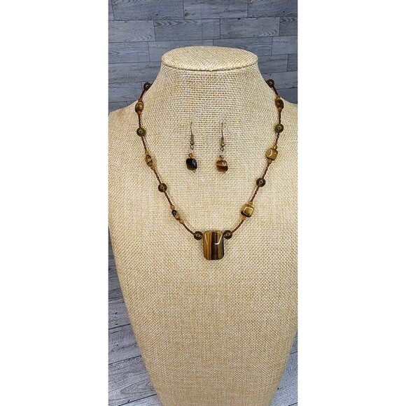 Beautiful Tiger's Eye Beaded Necklace and Earring Jewelry Set 18"L - Picture 1 of 7